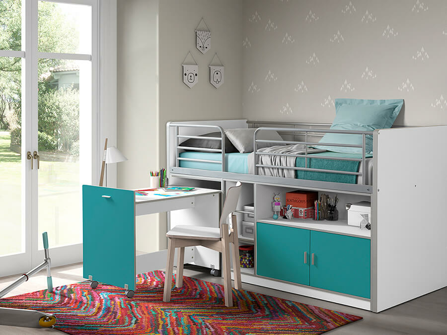 Vipack Bonny 91 Halfhoogslaper met bureau Turquoise - Afbeelding 2