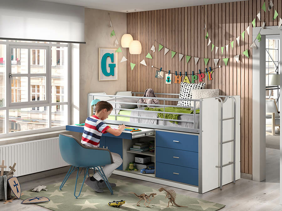 Vipack Bonny 95 Halfhoogslaper met bureau Blauw - Afbeelding 2