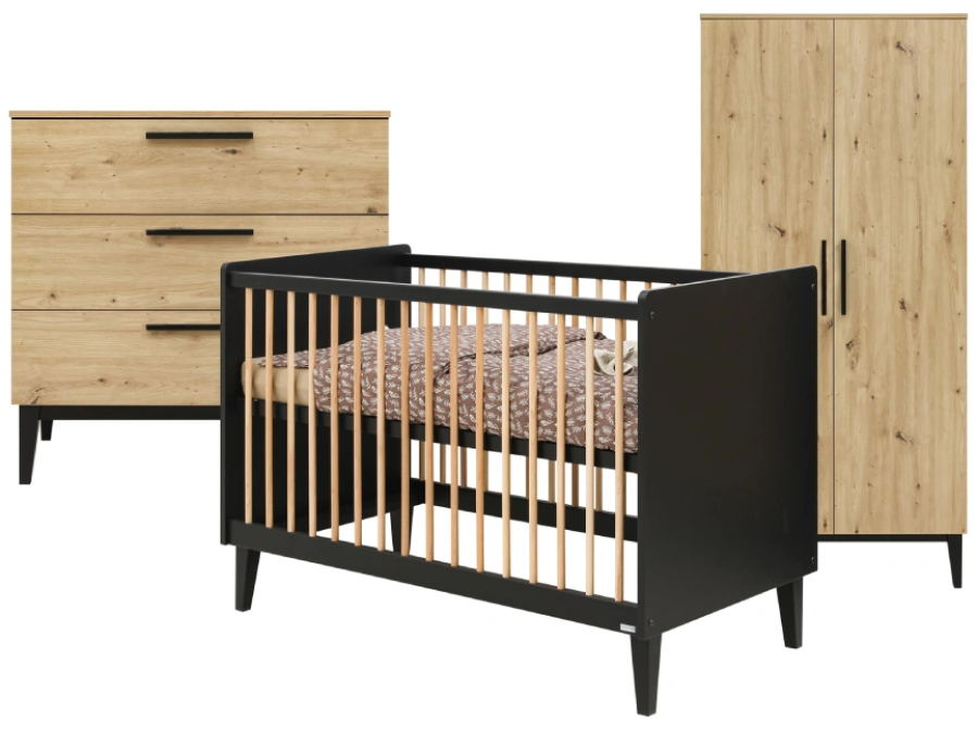 ToiToiKids Xem 3-delige babykamer Mat Zwart/Eiken