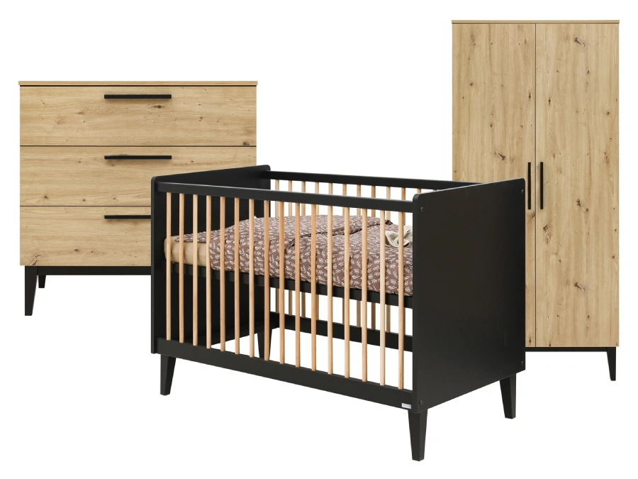 ToiToiKids Xem 3-delige babykamer Mat Zwart/Eiken
