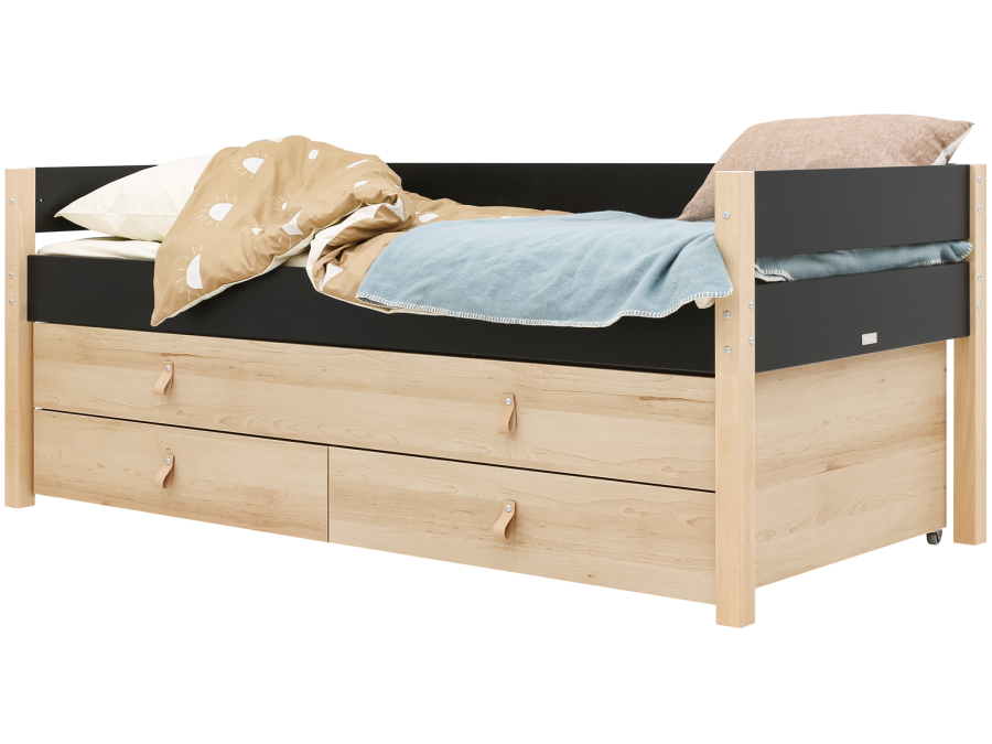 Bopita Lucas compactbed 90x200 met slaap en opbergunit Mat Zwart/Naturel