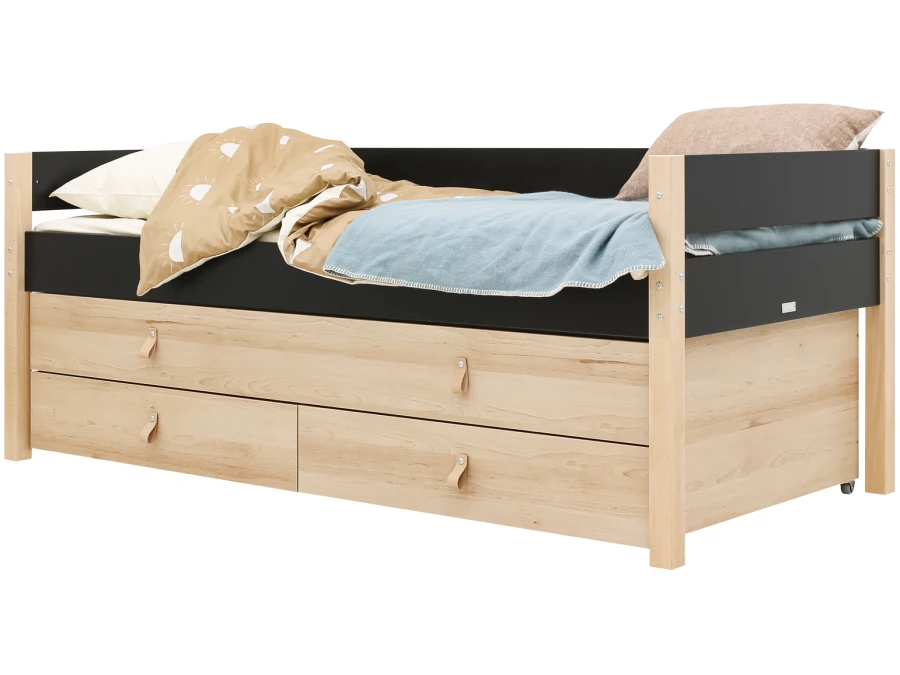 Bopita Lucas compactbed 90x200 met slaap en opbergunit Mat Zwart/Naturel