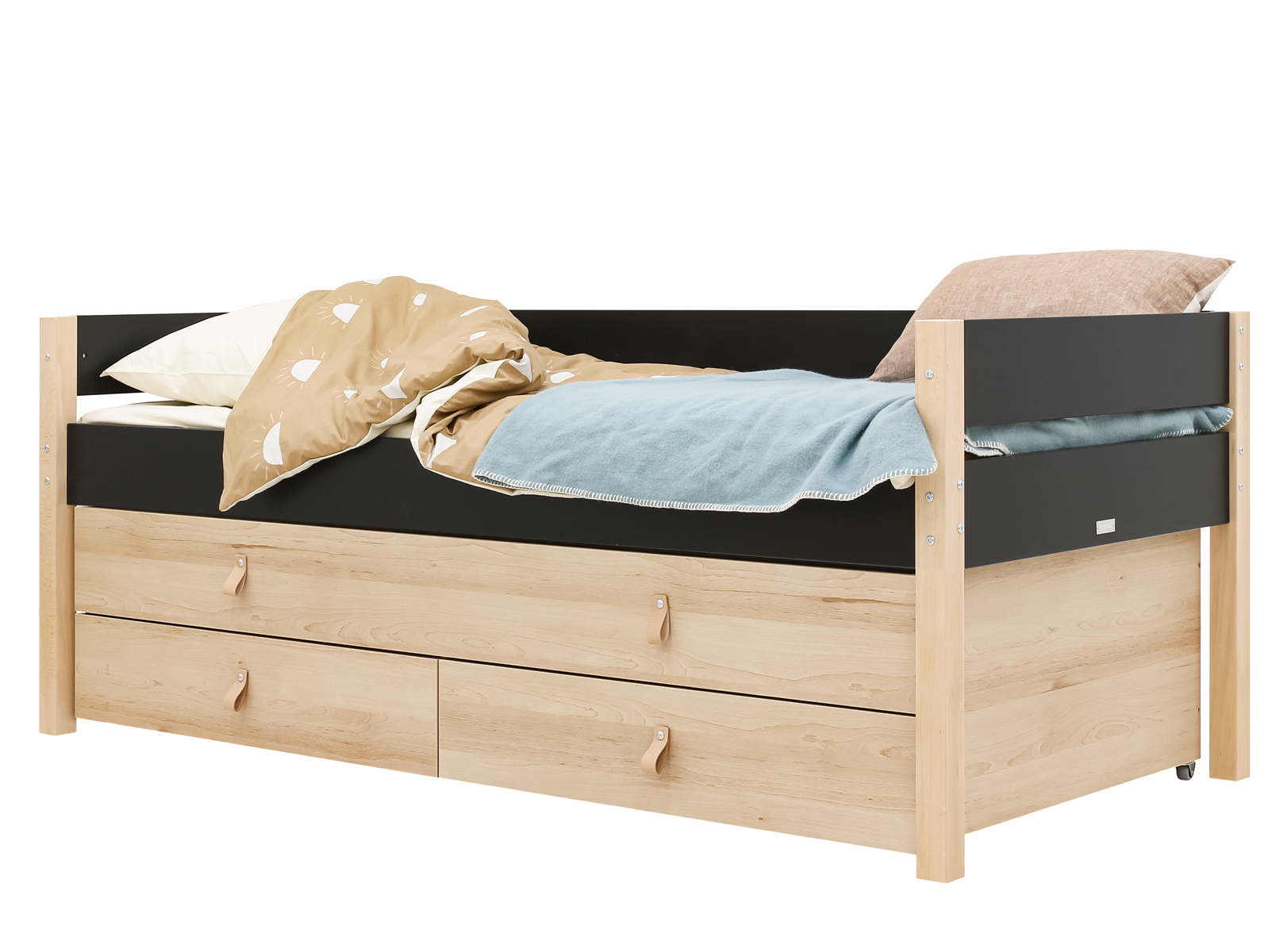 Bopita Lucas compactbed 90x200 met slaap en opbergunit Mat Zwart/Naturel