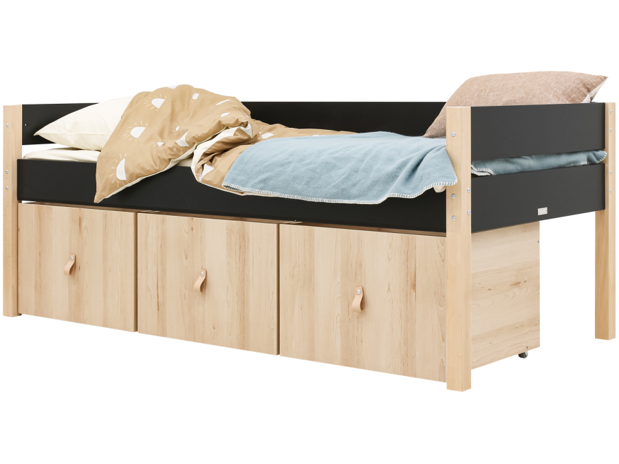 Bopita Lucas compactbed 90x200 met 3 opbergbakken Mat Zwart/Naturel