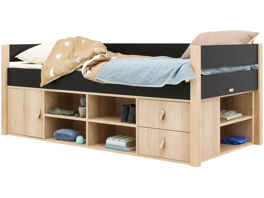 Bopita Lucas compactbed 90x200 met opbergmodule Mat Zwart/Naturel