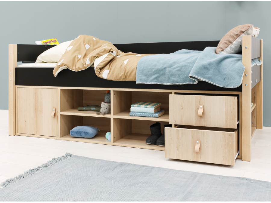 Bopita Lucas compactbed 90x200 met opbergmodule Mat Zwart/Naturel - Afbeelding 6