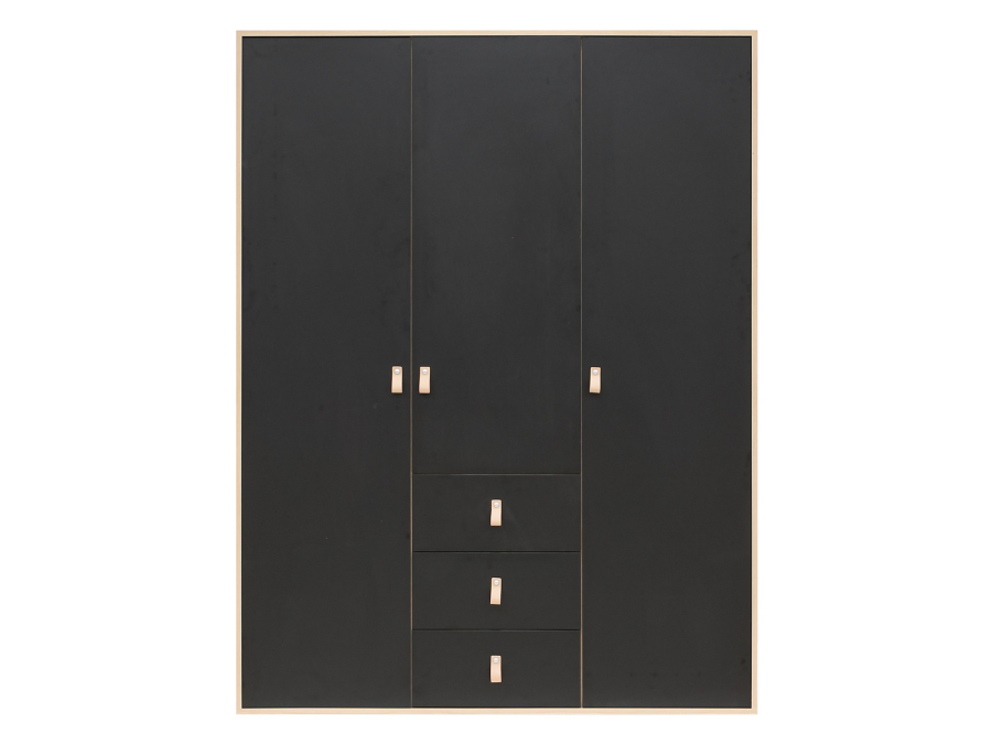 Bopita Lucas 3-deurs kledingkast met lades Mat zwart / Naturel - Afbeelding 3