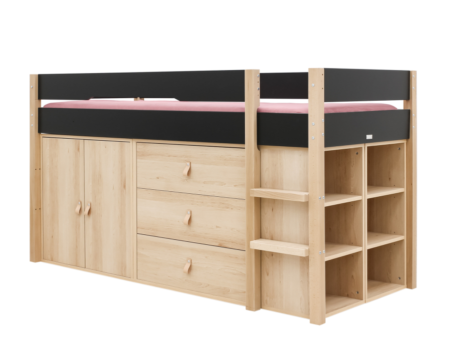 Bopita Lucas halfhoogslaper met opbergkasten 90x200 Mat zwart / Naturel - Afbeelding 2