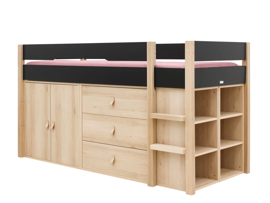 Bopita Lucas halfhoogslaper met opbergkasten 90x200 Mat zwart / Naturel - Afbeelding 2