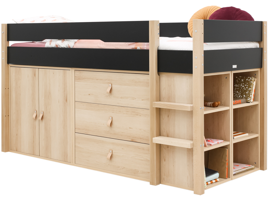Bopita Lucas halfhoogslaper met opbergkasten 90x200 Mat zwart / Naturel