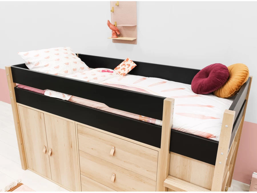 Bopita Lucas halfhoogslaper met opbergkasten 90x200 Mat zwart / Naturel - Afbeelding 7