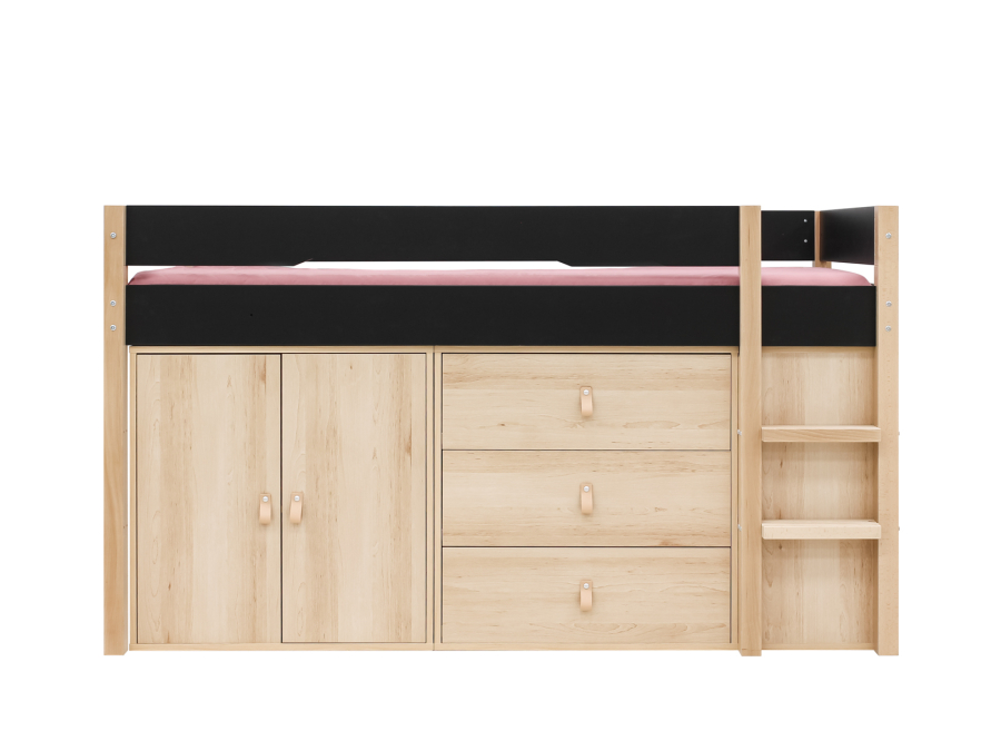Bopita Lucas halfhoogslaper met opbergkasten 90x200 Mat zwart / Naturel - Afbeelding 4