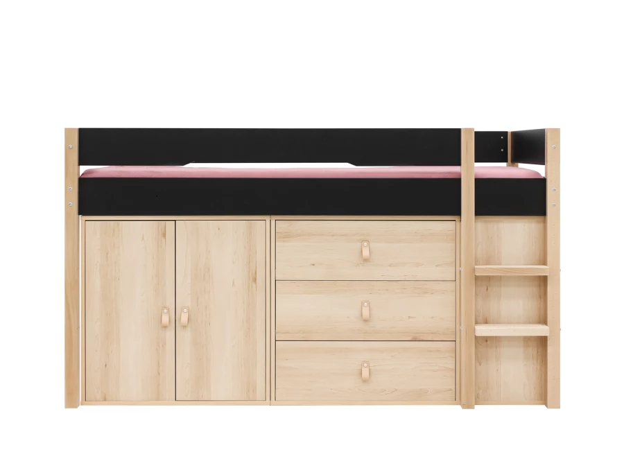 Bopita Lucas halfhoogslaper met opbergkasten 90x200 Mat zwart / Naturel - Afbeelding 4