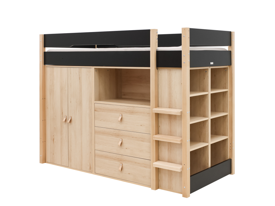 Bopita Lucas hoogslaper met opbergkasten 90x200 Mat zwart / Naturel - Afbeelding 2