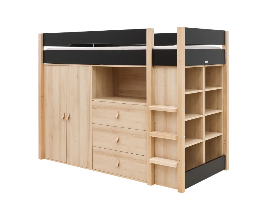 Bopita Lucas hoogslaper met opbergkasten 90x200 Mat zwart / Naturel - Afbeelding 2