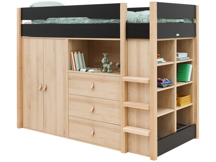 Bopita Lucas hoogslaper met opbergkasten 90x200 Mat zwart / Naturel
