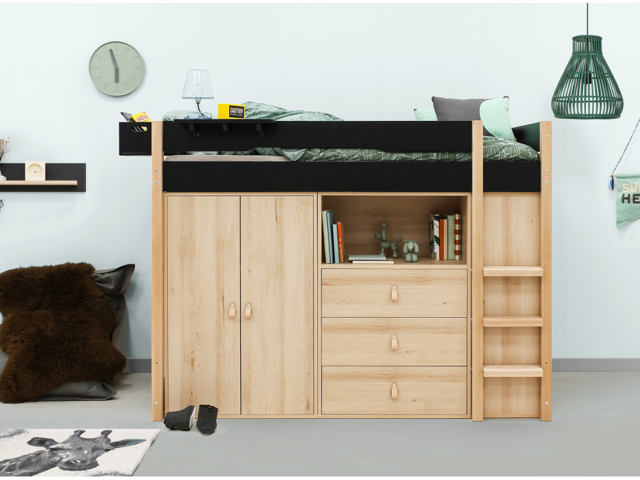 Bopita Lucas hoogslaper met opbergkasten 90x200 Mat zwart / Naturel - Afbeelding 5