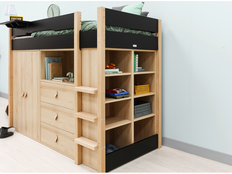 Bopita Lucas hoogslaper met opbergkasten 90x200 Mat zwart / Naturel - Afbeelding 6