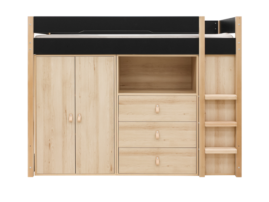 Bopita Lucas hoogslaper met opbergkasten 90x200 Mat zwart / Naturel - Afbeelding 4