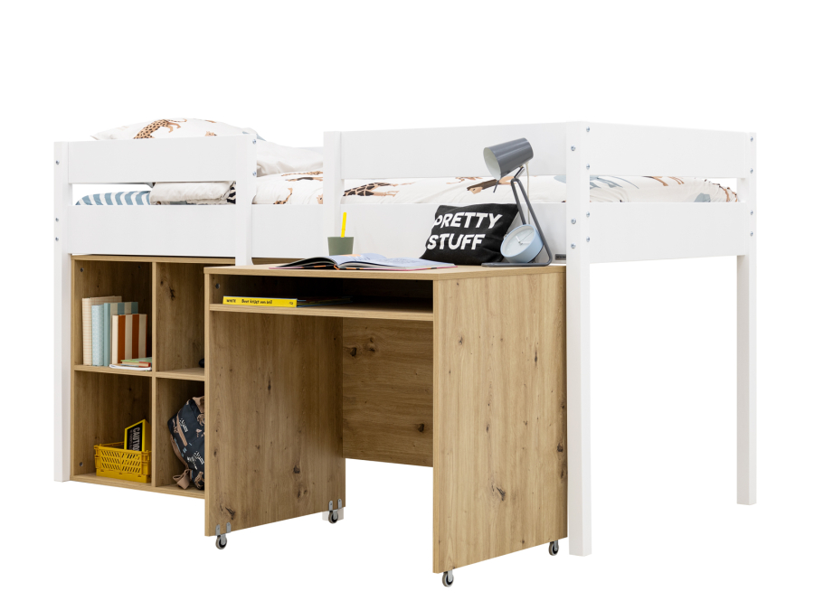 ToiToiKids Mick halfhoogslaper 90x200 met bureau en vakkenkast - wit