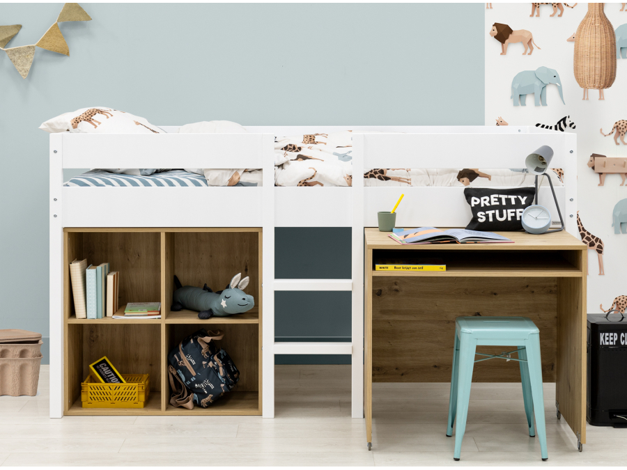ToiToiKids Mick halfhoogslaper 90x200 met bureau en vakkenkast - wit - Afbeelding 8