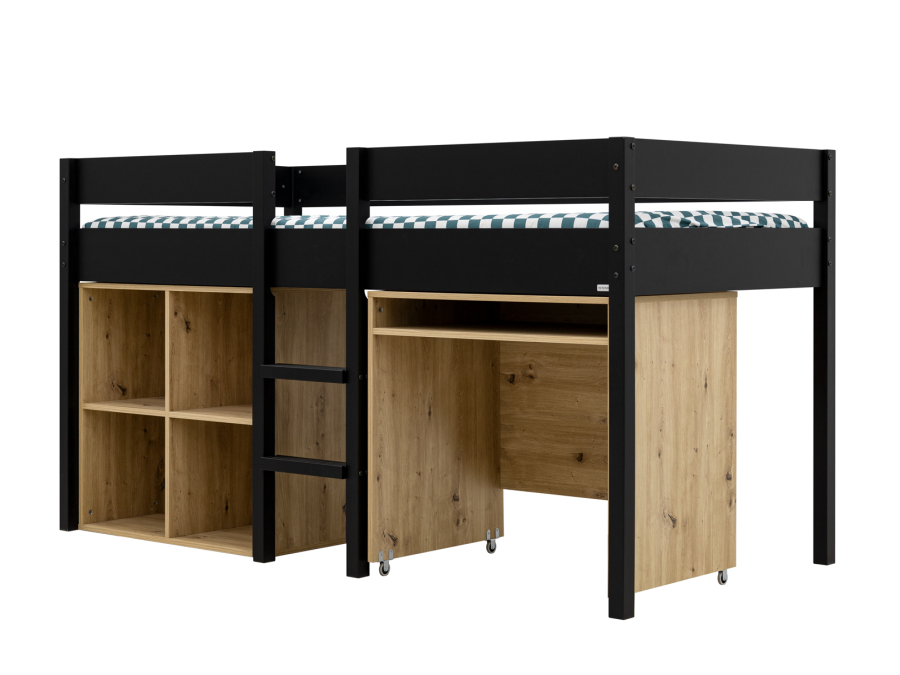ToiToiKids Mick halfhoogslaper 90x200 met bureau en vakkenkast - mat zwart - Afbeelding 2