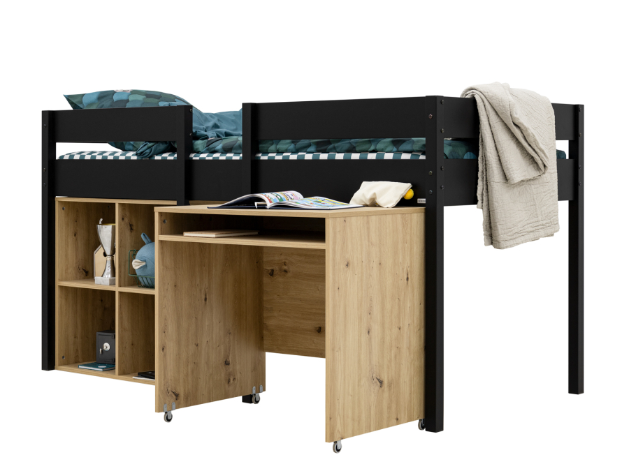 ToiToiKids Mick halfhoogslaper 90x200 met bureau en vakkenkast - mat zwart