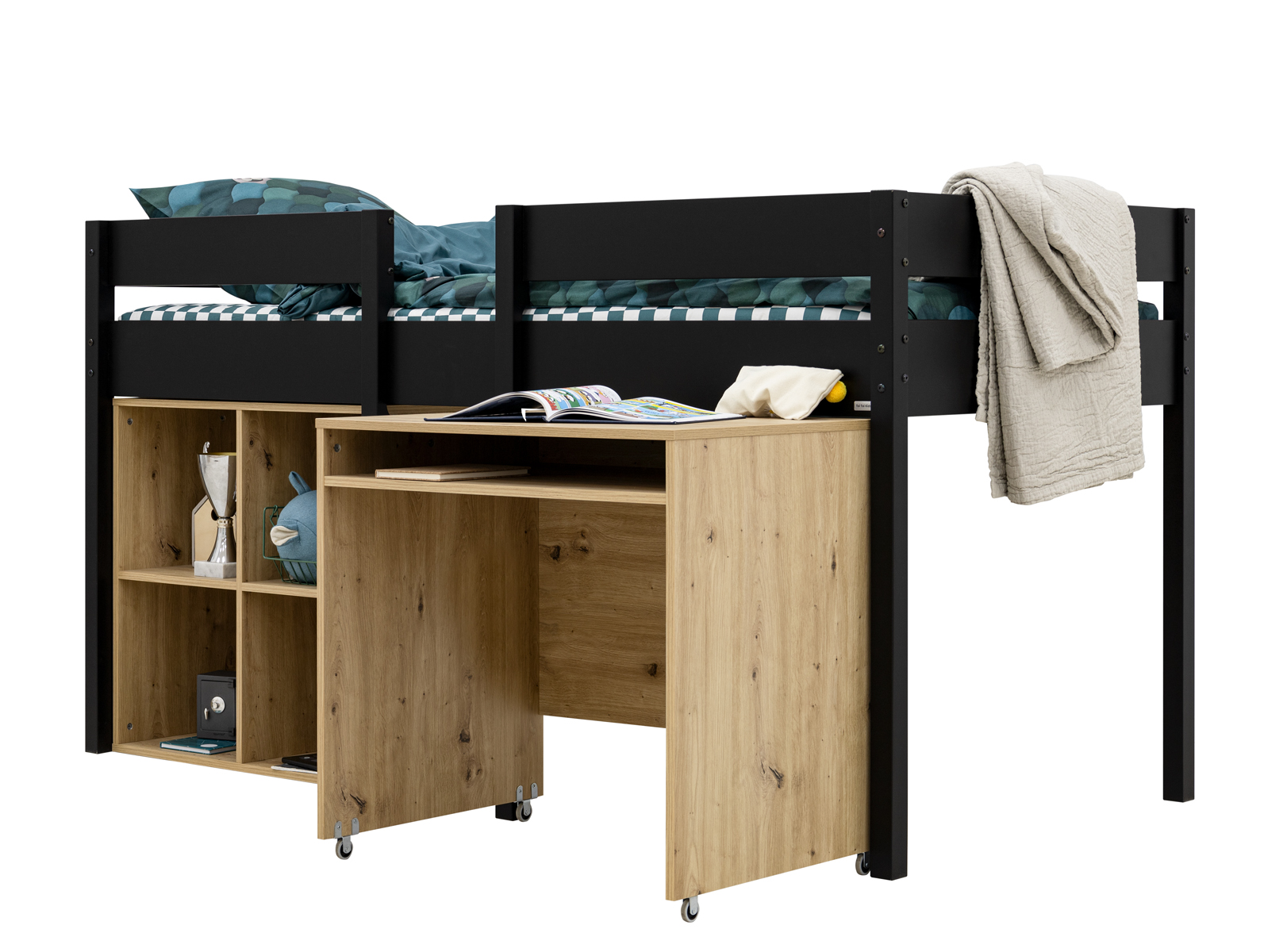 ToiToiKids Mick halfhoogslaper 90x200 met bureau en vakkenkast - mat zwart