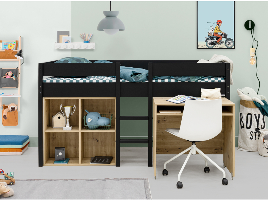 ToiToiKids Mick halfhoogslaper 90x200 met bureau en vakkenkast - mat zwart - Afbeelding 4