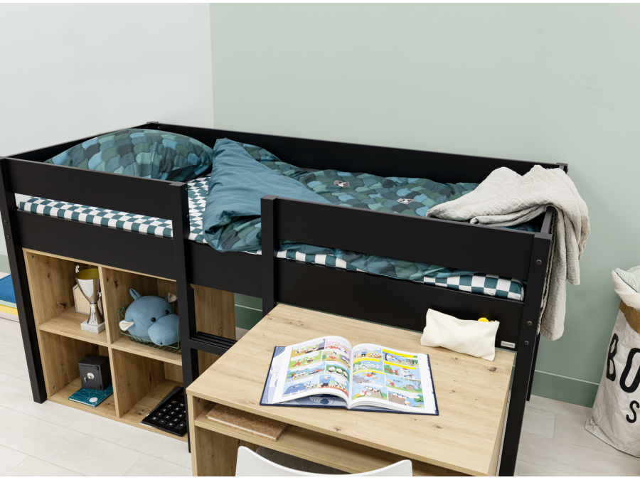 ToiToiKids Mick halfhoogslaper 90x200 met bureau en vakkenkast - mat zwart - Afbeelding 7