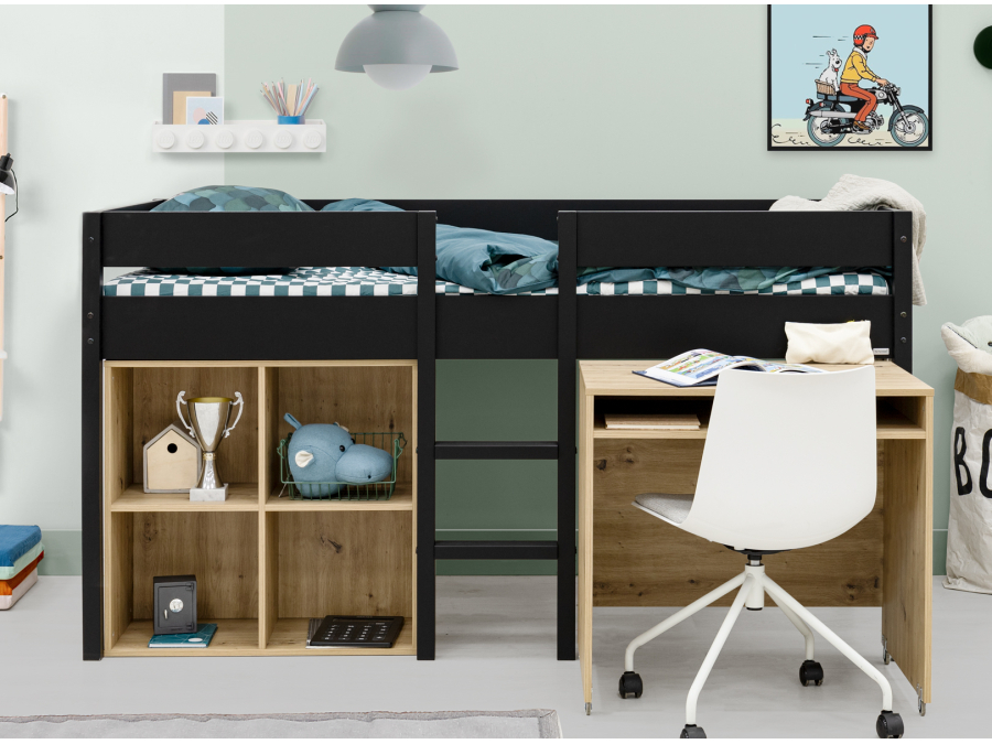 ToiToiKids Mick halfhoogslaper 90x200 met bureau en vakkenkast - mat zwart - Afbeelding 8
