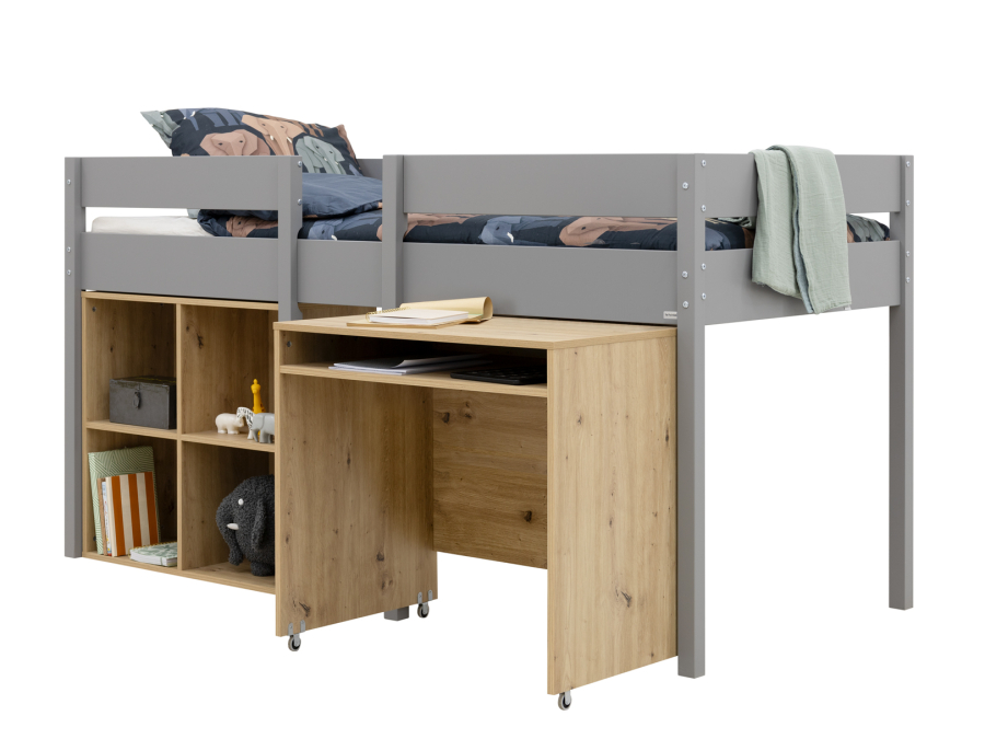 ToiToiKids Mick halfhoogslaper 90x200 met bureau en vakkenkast - grijs
