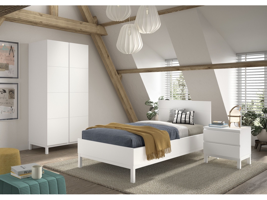 Vipack Eva bed met nachtkastje en 2-deurs kledingkast wit - Afbeelding 2