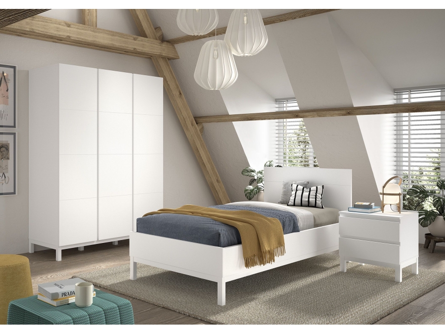Vipack Eva bed met nachtkastje en 3-deurs kledingkast wit - Afbeelding 2