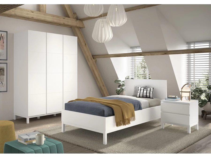 Vipack Eva bed met nachtkastje en 3-deurs kledingkast wit - Afbeelding 2