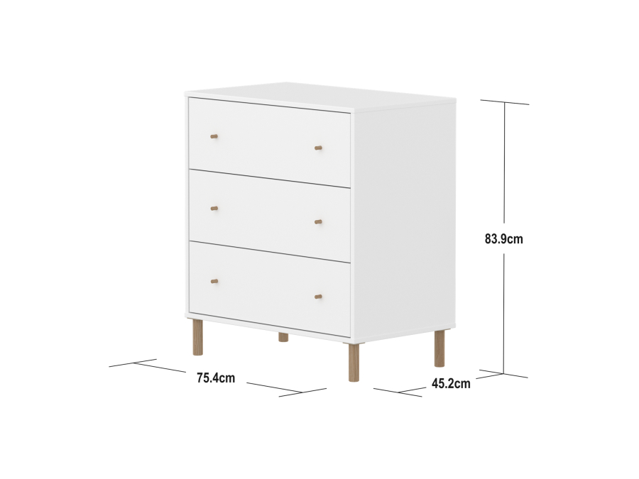 Flexa Saga commode 3 lades met eiken knoppen en poten - Wit - Afbeelding 4