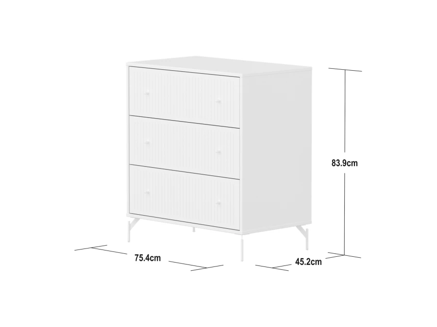 Flexa Saga commode 3 lades met witte knoppen en poten - Wit grooves - Afbeelding 6