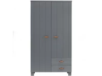 Woood Dennis kledingkast met laden en leren handgrepen - steel grey
