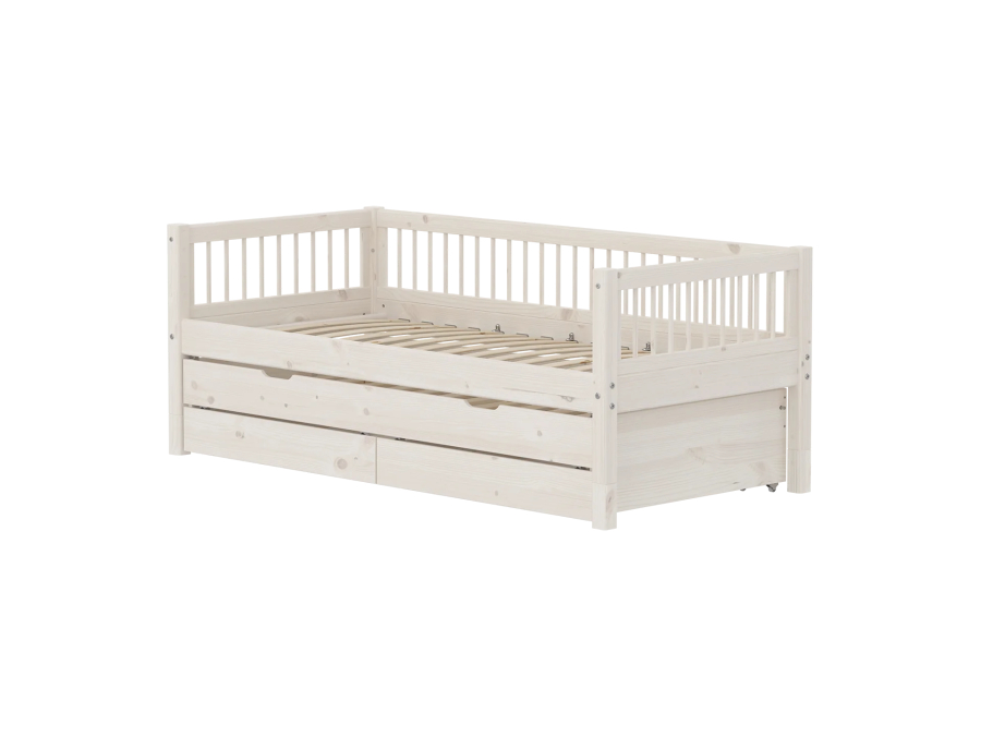 Flexa Classic bedbank met spijlen, onderschuifbed en opberglades 90x200 whitewash - Afbeelding 2