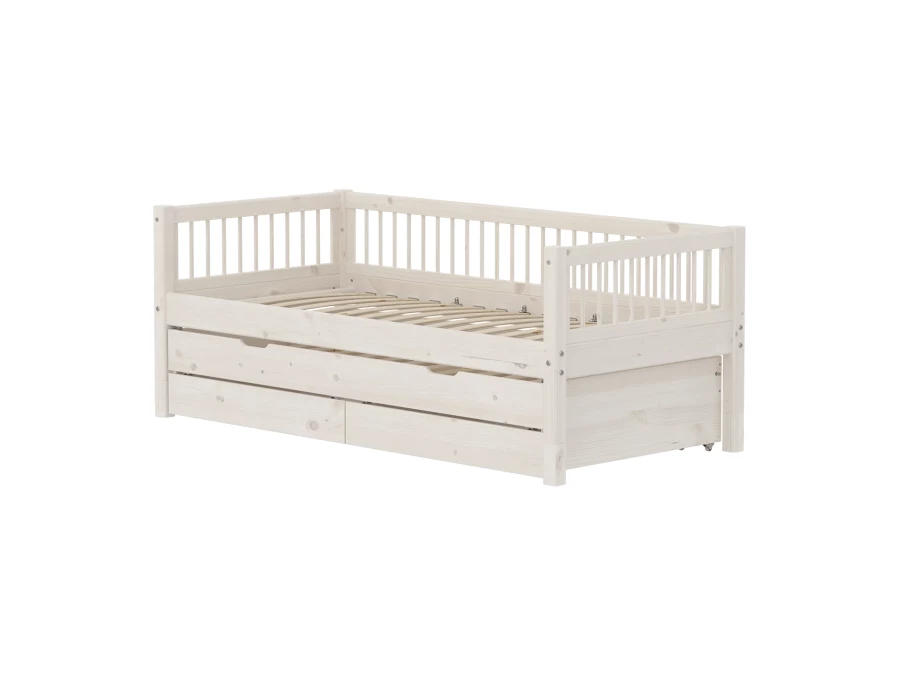 Flexa Classic bedbank met spijlen, onderschuifbed en opberglades 90x200 whitewash - Afbeelding 2