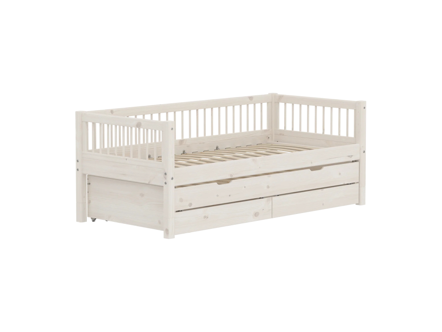Flexa Classic bedbank met spijlen, onderschuifbed en opberglades 90x200 whitewash