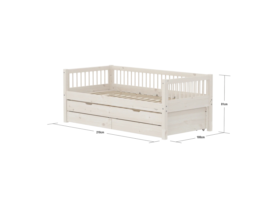 Flexa Classic bedbank met spijlen, onderschuifbed en opberglades 90x200 whitewash - Afbeelding 4