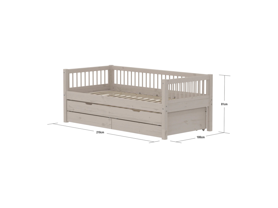 Flexa Classic bedbank met spijlen, onderschuifbed en opberglades 90x200 greywash - Afbeelding 4