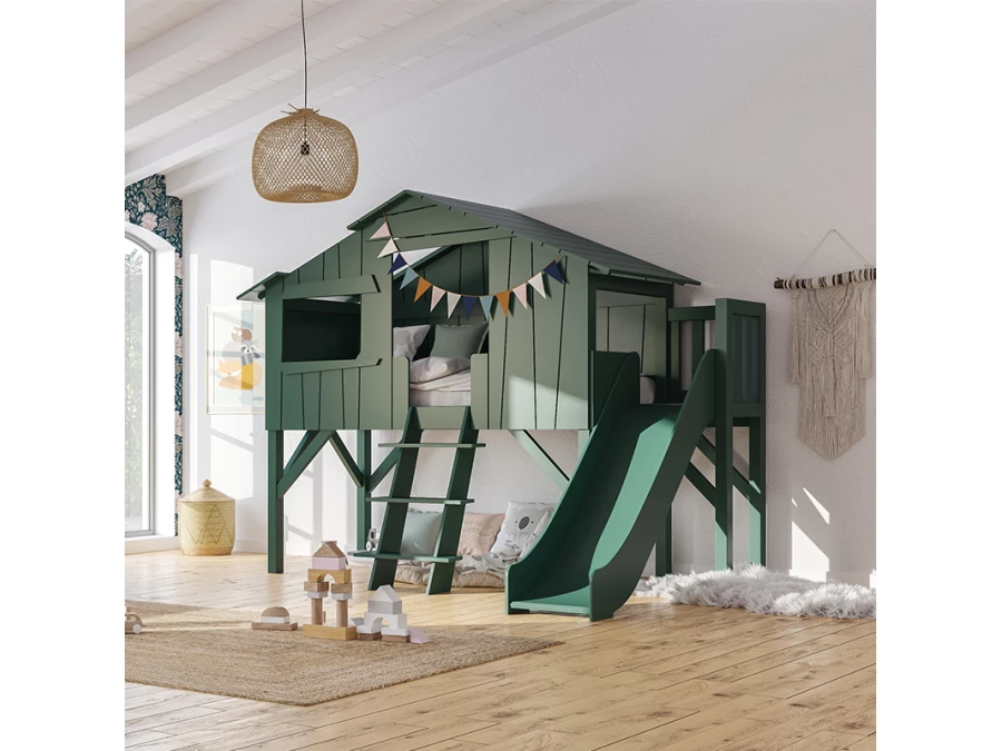 Mathy by Bols boomhut halfhoogslaper met platform en glijbaan 90x190 - jungle groen - Afbeelding 8