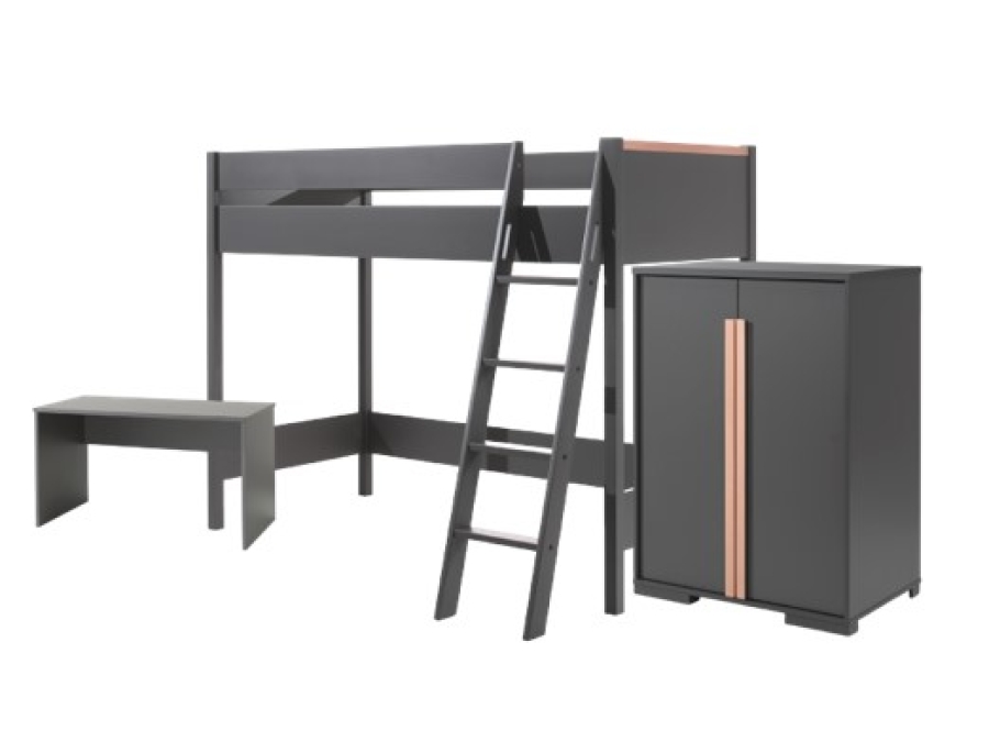 Vipack London hoogslaper met bureau en kast - antraciet