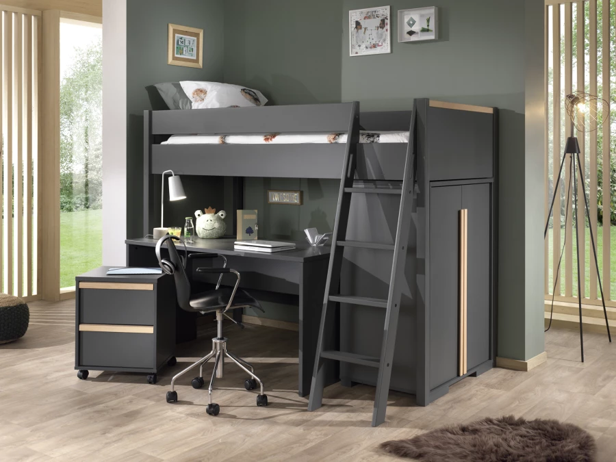 Vipack London hoogslaper met bureau, ladeblok en kast - antraciet - Afbeelding 2