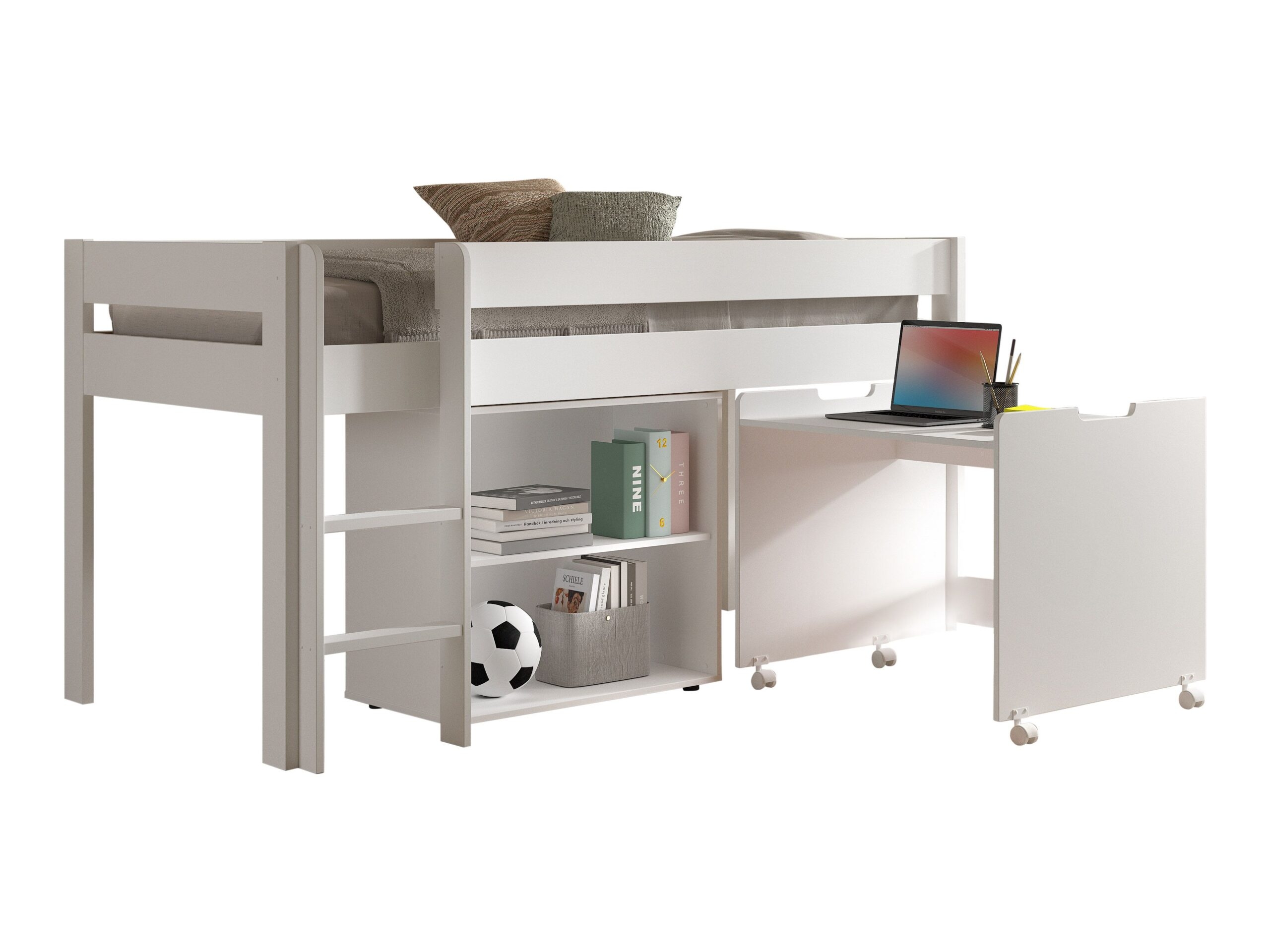 Vipack Primo halfhoogslaper met boekenkast en uitschuifbaar bureau - wit