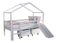 Vipack Forrest Beech lage halfhoogslaper met glijbaan, dakje en opbergbakken - wit beuken